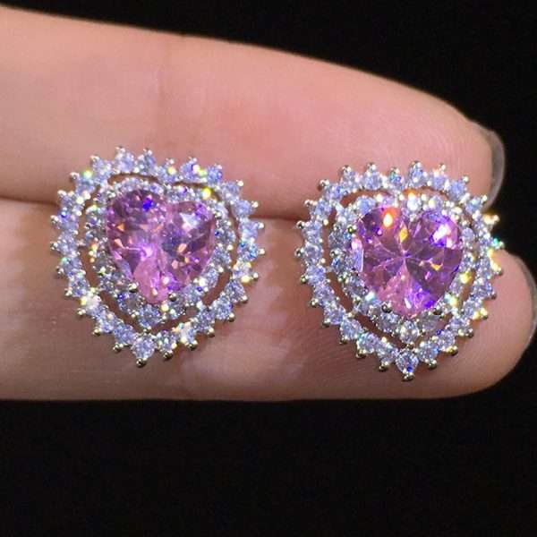 aretes corazones zircon rosados
