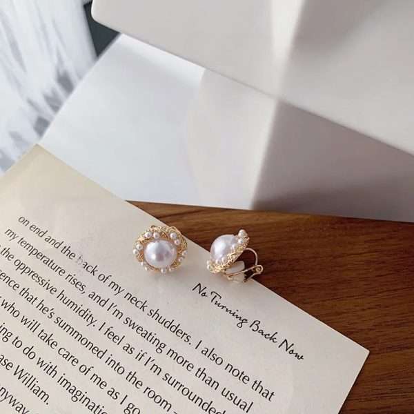 aretes broche de clip rosa perla redondos