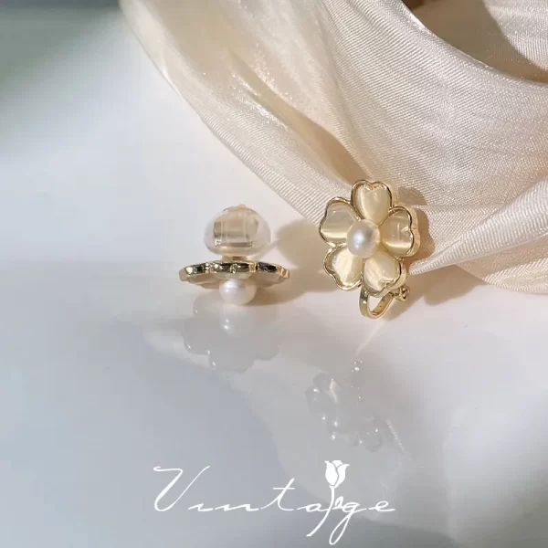 aretes broche de clip flor madre perla