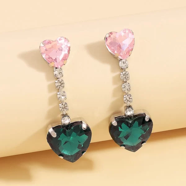 aretes corazones rhinestones rosa con verde - Imagen 4