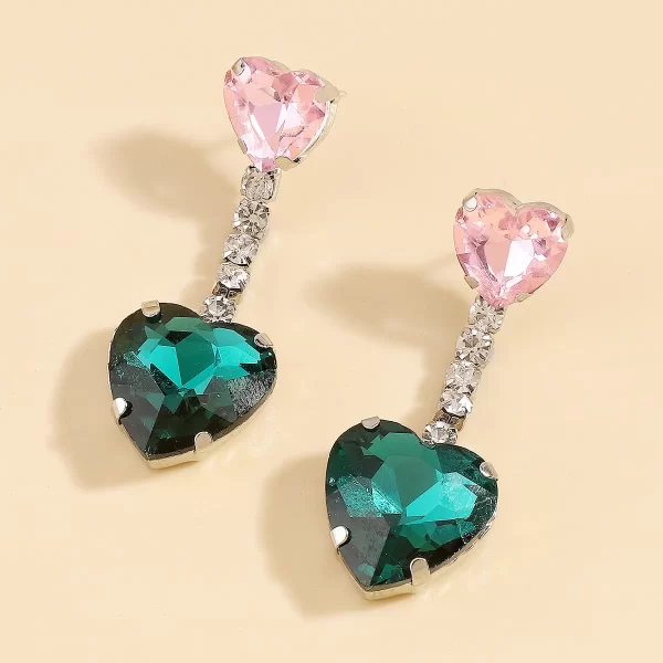 aretes corazones rhinestones rosa con verde - Imagen 2