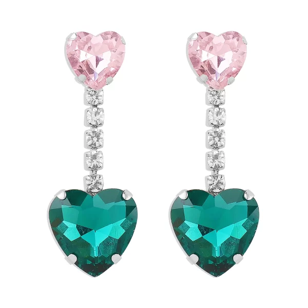 aretes corazones rhinestones rosa con verde