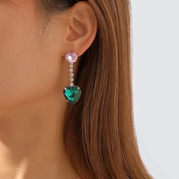 aretes corazones rhinestones rosa con verde - Imagen 3