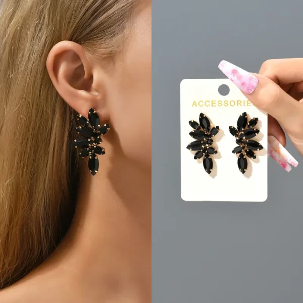 aretes hojas rhinestones negras - Imagen 2