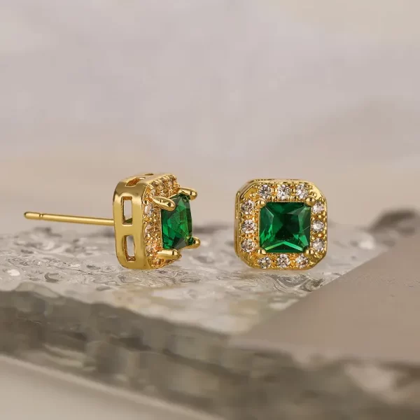 aretes square zircon verdes gold