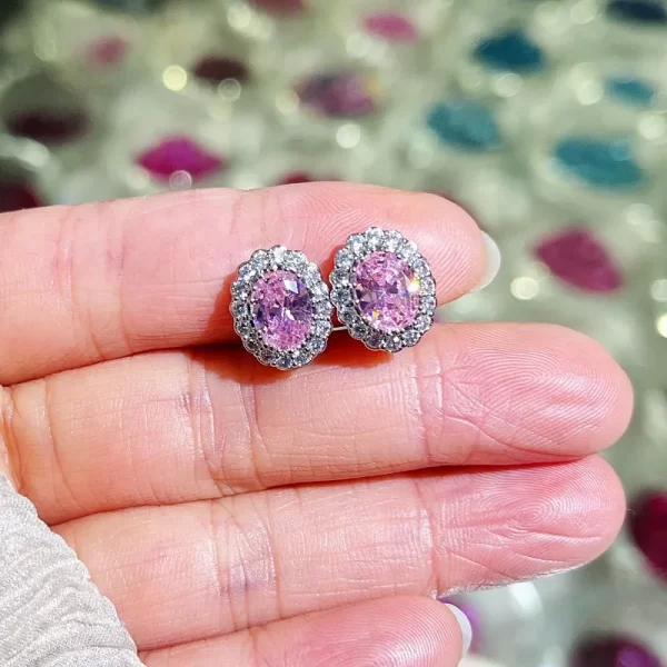 aretes broche de clip zircon ovalo rosa