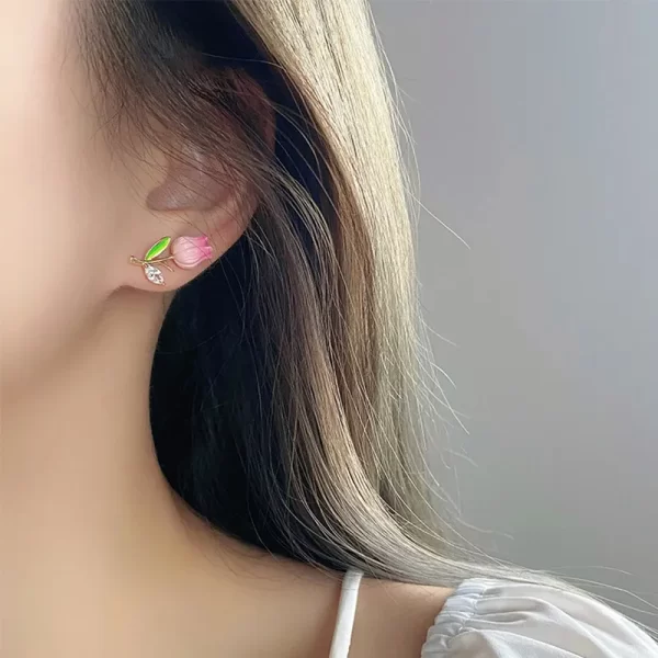 aretes Tulipan rosa esmaltados - Imagen 4
