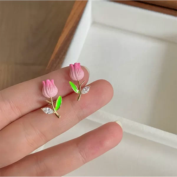 aretes Tulipan rosa esmaltados - Imagen 3