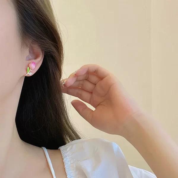 aretes Tulipan rosa esmaltados - Imagen 2