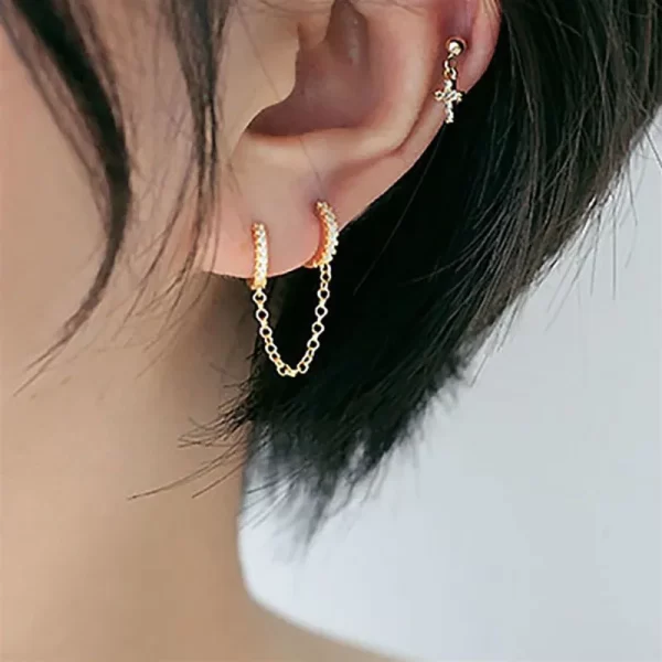 aretes earcuff zircon cadenita golden - Imagen 2