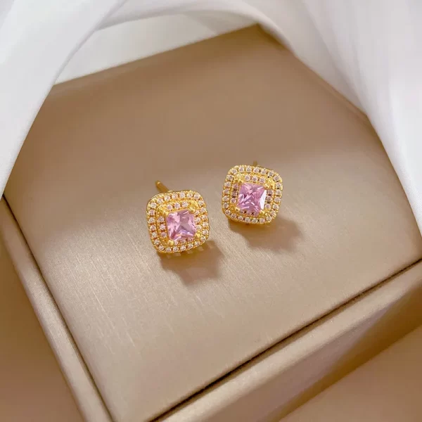aretes square doble zircon rosados gold