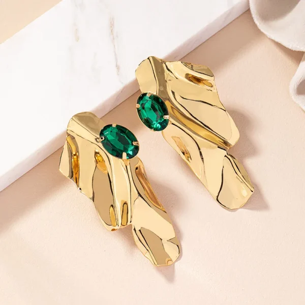 aretes dorados steel asimetricos esmeralda - Imagen 2