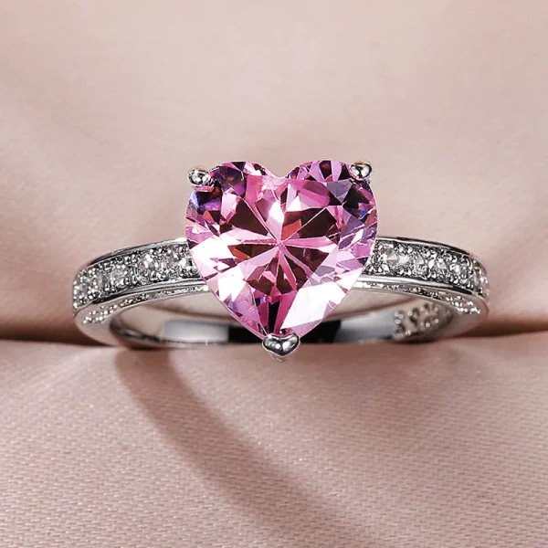 anillo corazon rosado zircones silver - Imagen 3