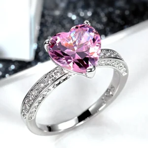 anillo corazon rosado zircones silver