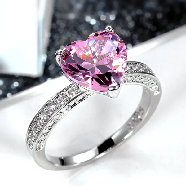 anillo corazon rosado zircones silver